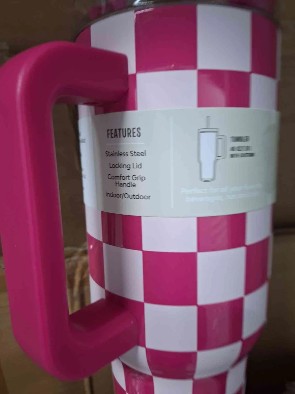 Pink Checker Stainless Steel Tumbler with Handle - 40 oz